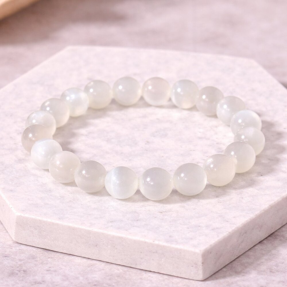 Selenite Crystal 8mm Beaded Stretch Bracelet Healing Jewelry